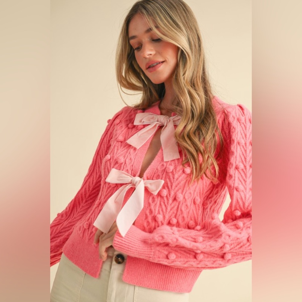 Pink chunky cable embroidered ribbon tie boho bohemian knit cardigan sweater - Picture 4 of 6